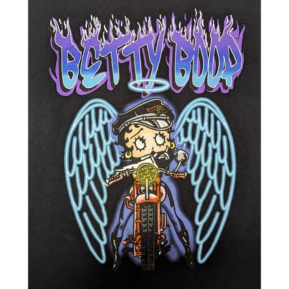 Betty‎ Boop with Angel Wings Biker Chic Black Print front and back Tshirt Tee M - Picture 1 of 6